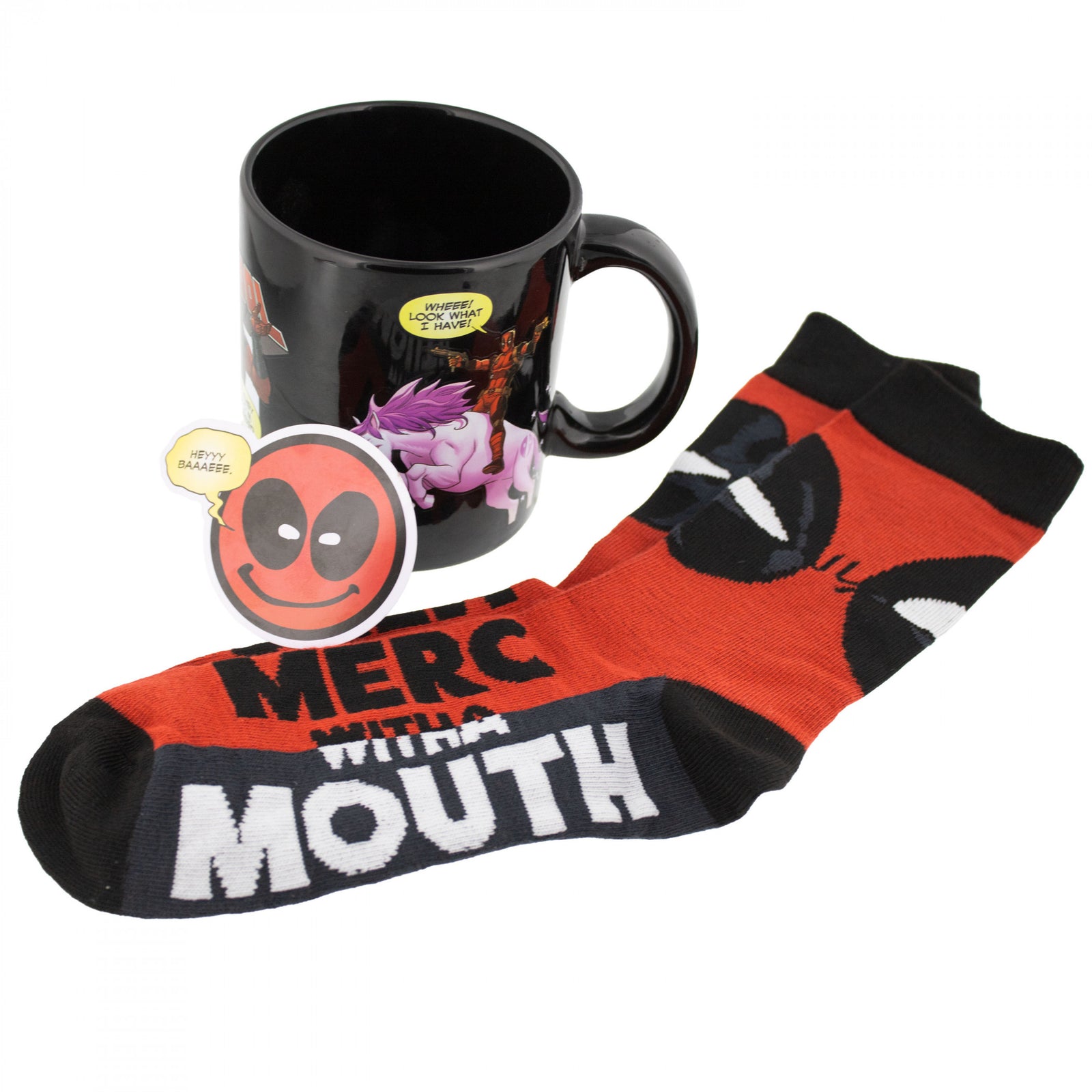 Deadpool Merc with a Mouth Socks Sticker and Mug Bundle