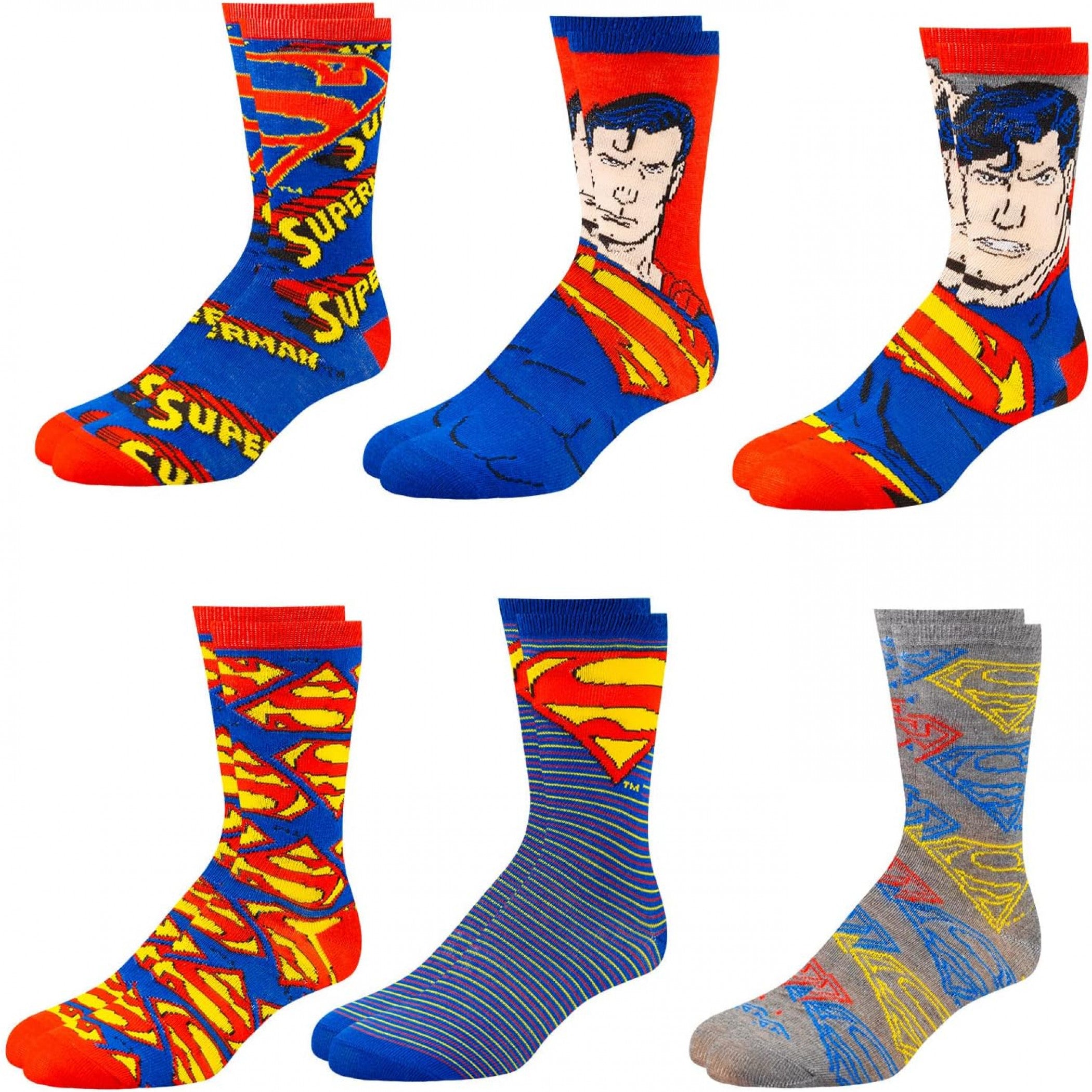 Superman Assorted Designs Men's Crew Socks 6-Pack