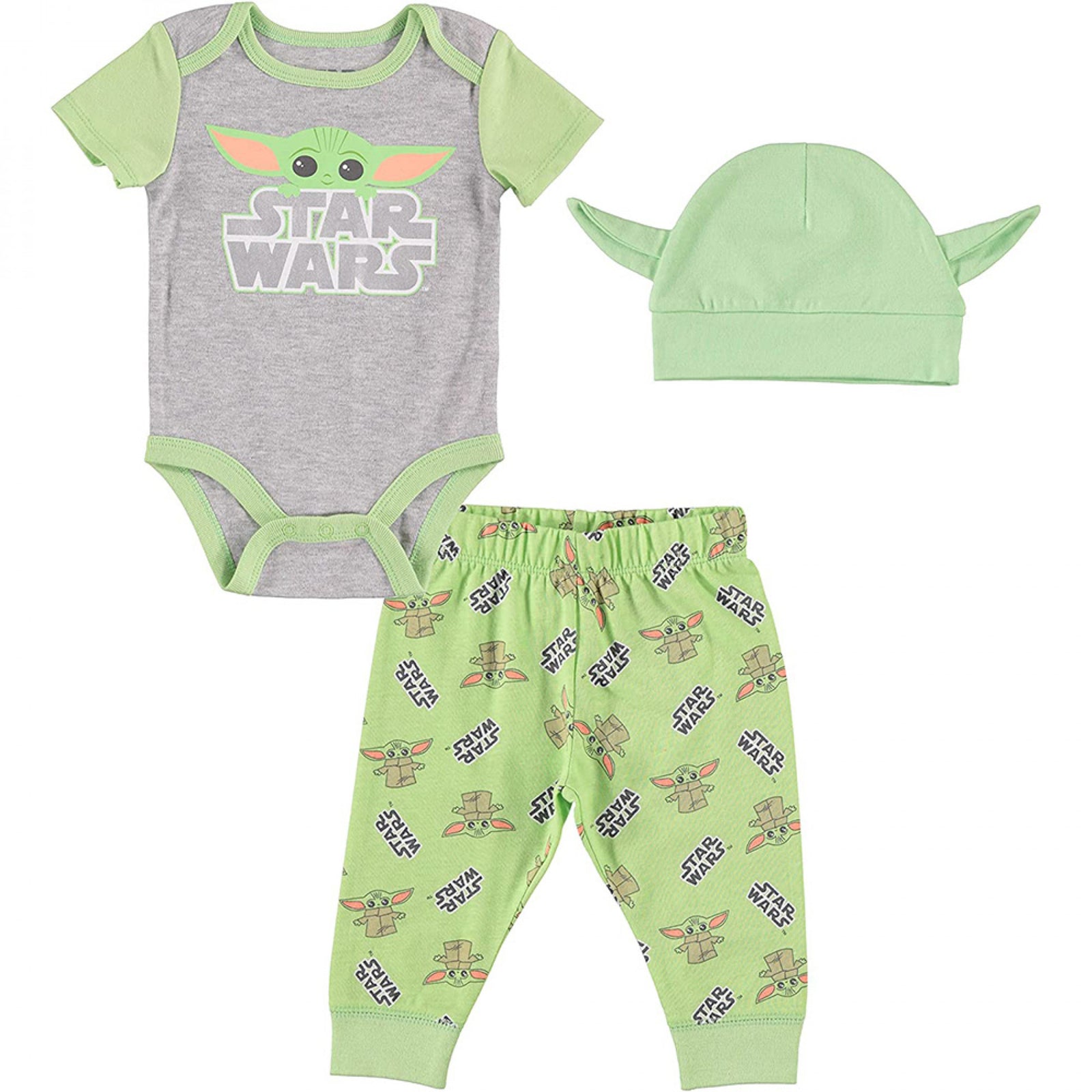 Star Wars The Mandalorian Grogu w/ Logo 3-Piece Bodysuit Set With Cap